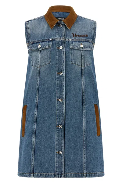 Versace Women Blue Sleeveless Buttoned Mini Dress, M Luxury Dresses For Women Darveys