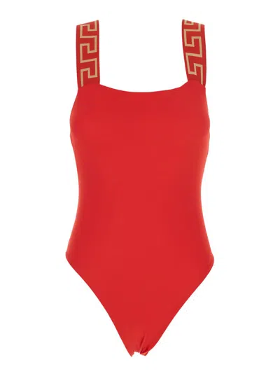 Versace Red One-piece Swimsuit With Greca Detail In Stretch Fabric Woman