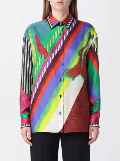 Versace Abstract Print Pure Silk Shirt With Revere Collar In Multi