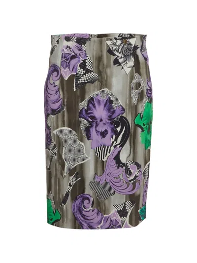 Pre-owned Versace Abstract-print Pencil Midi Skirt In Gray