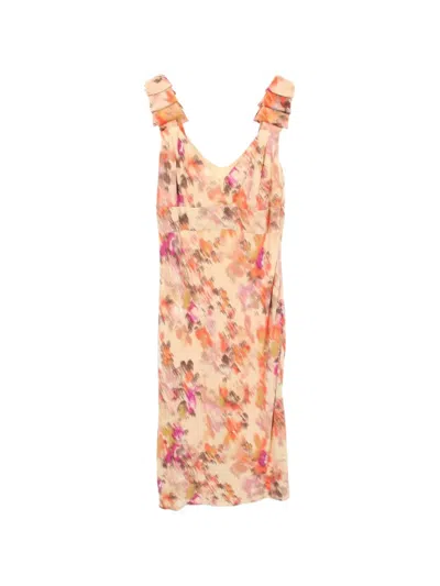 Pre-owned Versace Abstract-print Ruffled Dress In Neutrals
