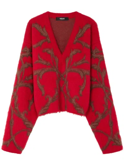 Versace Red & Brown Acanthus Leaves Mohair-blend Cardigan