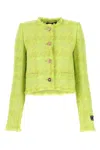 Versace Fringed Metallic Checked Wool-blend Tweed Jacket In Green
