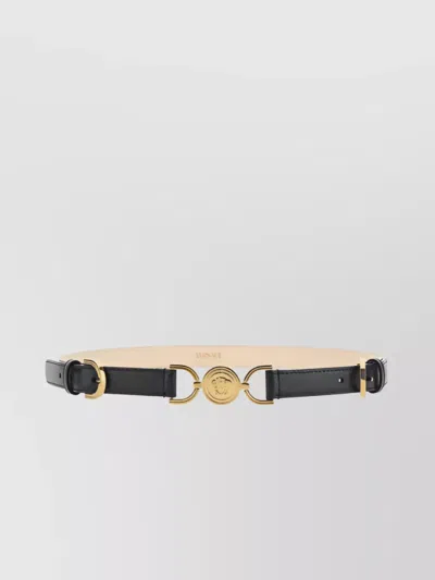 Versace Adjustable Calfskin Belt Gold-plated Round Buckle In Black