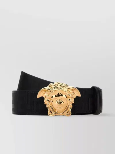 Versace Adjustable Fabric Medusa Belt With Gold-tone Buckle In Black