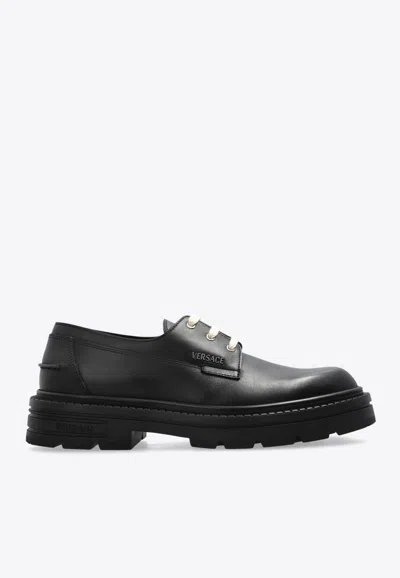 Versace Adriano Leather Derby Shoes In Black