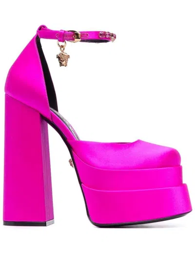 VERSACE 'AEVITAS' FUCHSIA PUMPS WITH MEDUSA CHARM AND PLATFORM IN SILK BLEND WOMAN