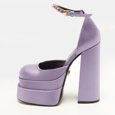 Pre-owned Versace Aevitas Medusa Size 37 Purple Satin Double Platform Pumps