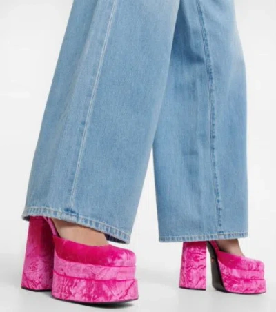 Pre-owned Versace Aevitas Platform Pink Velvet Shoe Pump Crystal Medusa 38/8 Nwb$1,575
