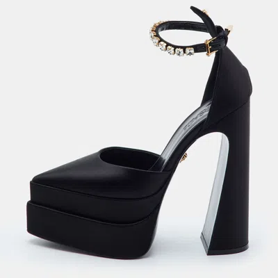 Pre-owned Versace Aevitas Pointy Size 37.5 Black Satin Crystal Embellished Ankle Strap Platform Pumps
