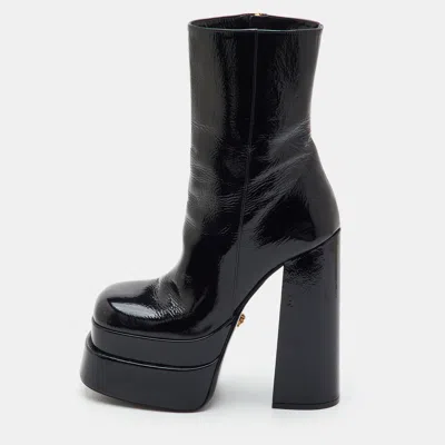 Pre-owned Versace Aevitas Size 38 Black Patent Leather Double Platform Mid Calf Boots