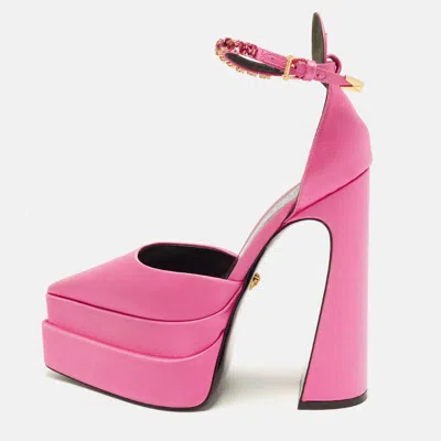 Pre-owned Versace Aevitas Size 38 Pink Satin Double Platform Ankle Strap Pumps