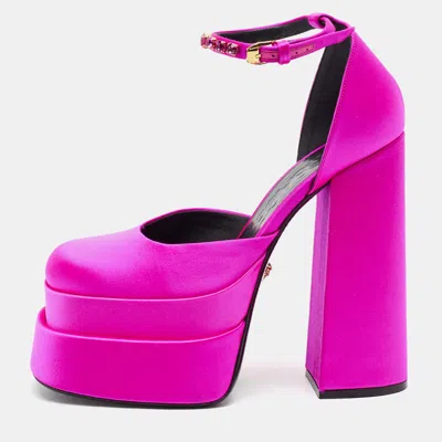 Pre-owned Versace Aevitas Size 38 Pink Satin Double Platform Pumps