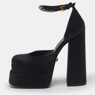 Pre-owned Versace Aevitas Size 39 Black Satin Crystal Embellished Block Heel Platform Pumps