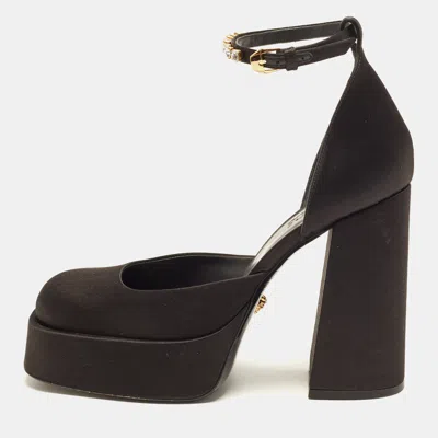 Pre-owned Versace Aevitas Size 40 Black Satin Platform Ankle Strap Pumps