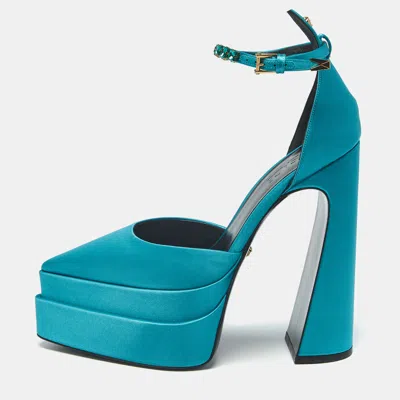 Pre-owned Versace Aevitas Size 41 Teal Blue Satin Platform Pumps