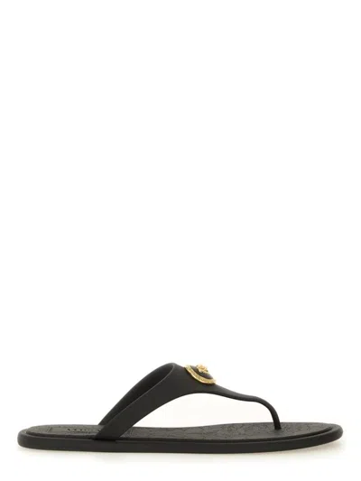 Versace Flat Sole Open Toe Sandals With Medusa Motif In Black