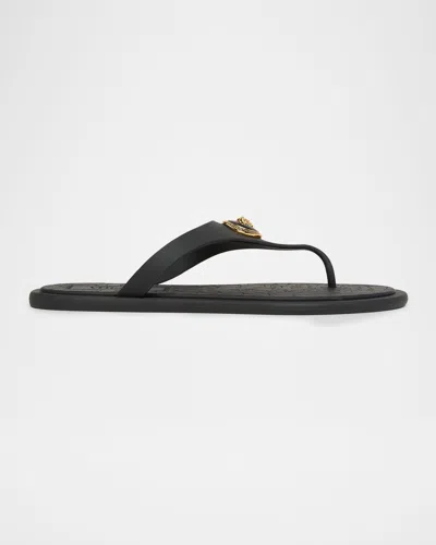 Versace Flat Sole Open Toe Sandals With Medusa Motif In Black