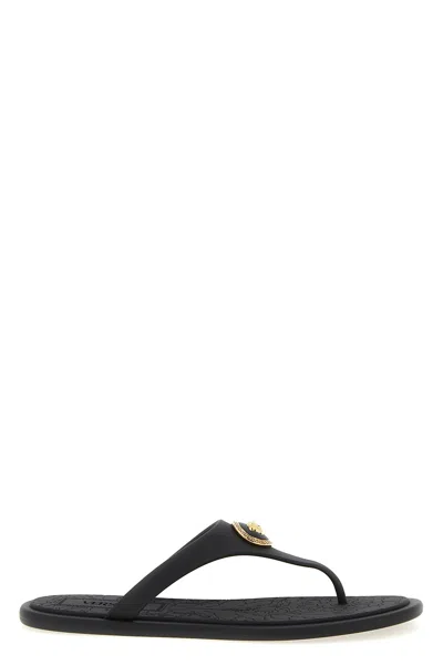 Versace Flat Sole Open Toe Sandals With Medusa Motif In Black