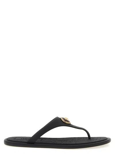 Versace Flat Sole Open Toe Sandals With Medusa Motif In Black