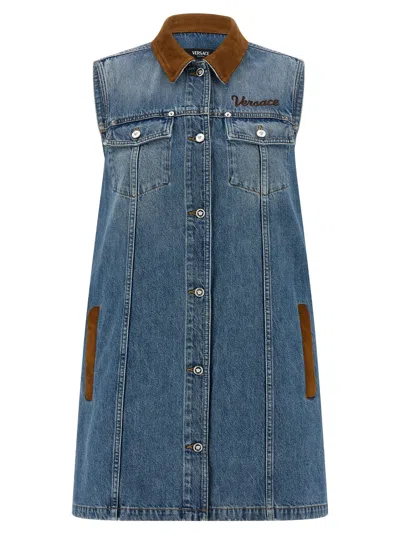 Versace Blue Shirt Collar Logo Mini Dress
