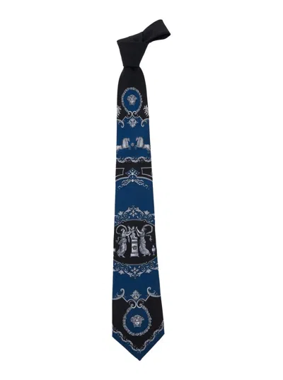 VERSACE BLUE TIE WITH REAR TIE CLOSURE AND ALL-OVER PRINT IN SILK MAN