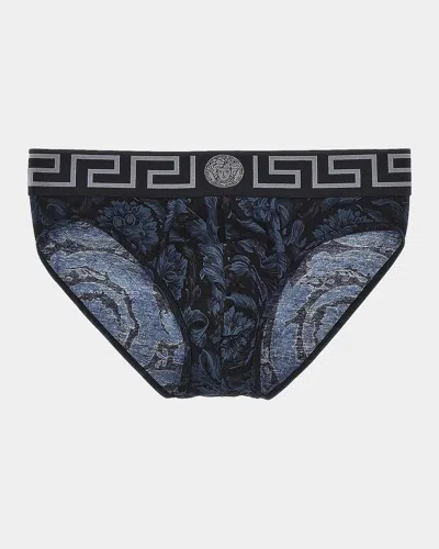 Versace All Over Baroque Print Brief In Gray