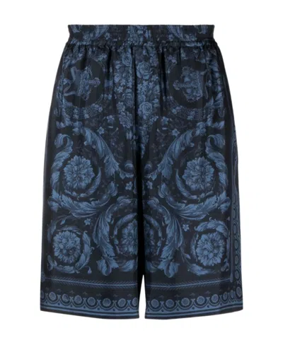 Versace All-over Barroco Print Silk Shorts In Black