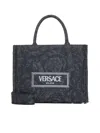 Versace All-over Floral Motif Top Handle Bag In Black+black--gold