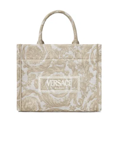 Versace All-over Floral Motif Top Handle Bag In Nude