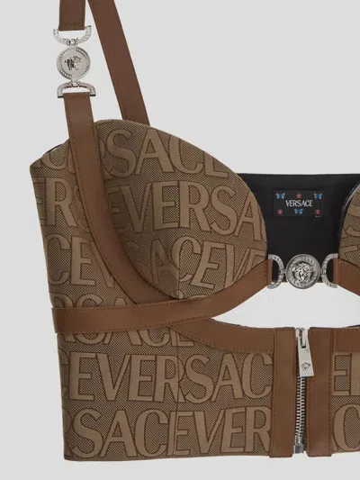 Versace All-over Logo Print Crop Top In Brown