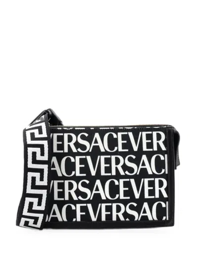 Pre-owned Versace All Over Logo Canvas Compact Belt Bag In Black
