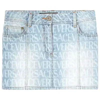 Pre-owned Versace All Over Logo Denim Skirt 'light Blue' | Women's Size 38