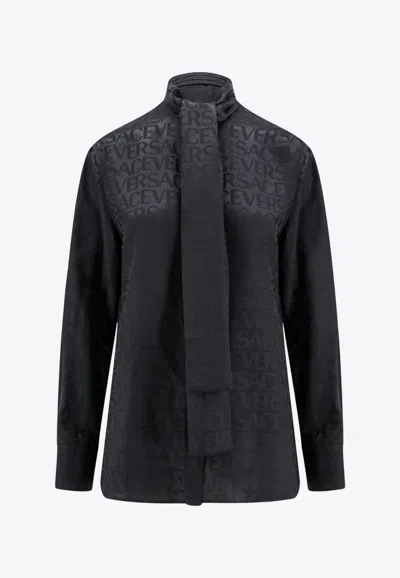 Versace All-over Logo Scarf-tie Shirt In Black