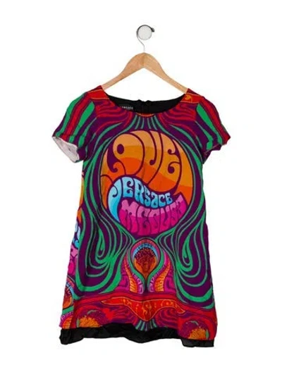 Pre-owned Versace Kids' All Over Print Short Sleeve Dress In Orange/purple