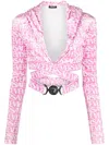 Versace Allover Velvet Crop Hoodie, Female, Pink+print, 48 In Pink
