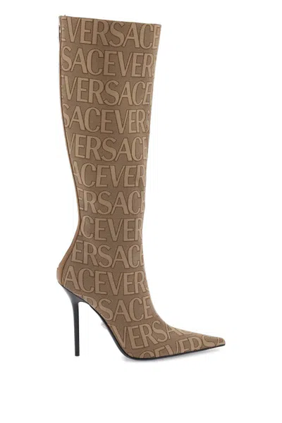 Versace 110毫米帆布&皮革靴子 In Brown