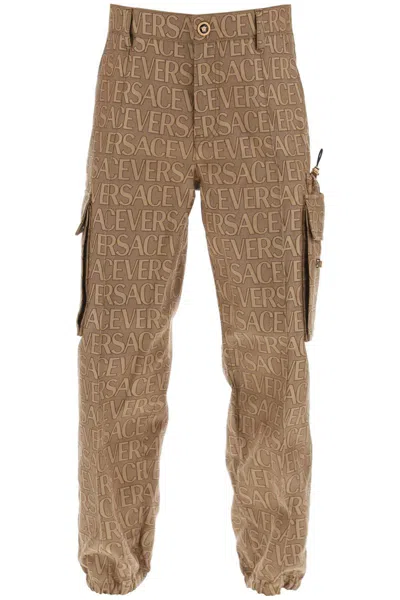Versace Allover Cargo Trousers In Brown