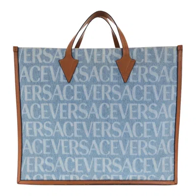 Versace Allover Denim Canvas Tote Bag In Blue