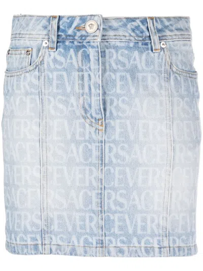 Versace Logo-print Denim Miniskirt In Blue
