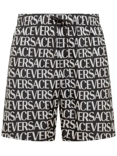 Versace Allover Drawstring Board Shorts In Black