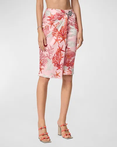 Versace Allover Holiday-print Jersey Wrap Skirt In Dusty Rose/coral