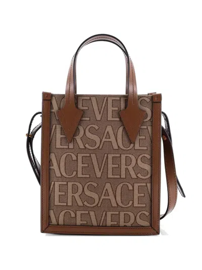 Pre-owned Versace Allover Logo Convertible Tote Printed Canvas Mini Crossbody Bag In Brown