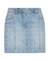 Versace Allover Logo-print Denim Skirt In Blue