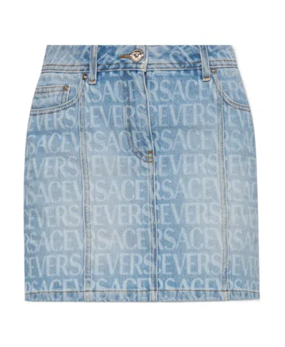 Versace Allover Logo-print Denim Skirt In Blue