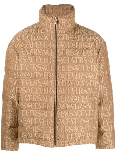 Versace Allover Logo-print Puffer Jacket In Neutrals