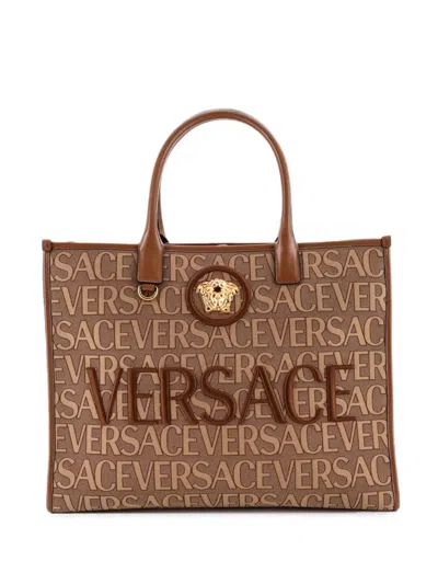 Pre-owned Versace Allover Medusa Printed Jacquard Canvas Large Tote Bag In Brown