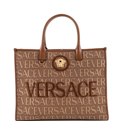 Versace Allover Medusa Tote Printed Jacquard Canvas Large In Brown