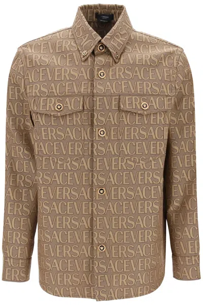 Versace Allover Overshirt Jacket In Brown Beige (brown)