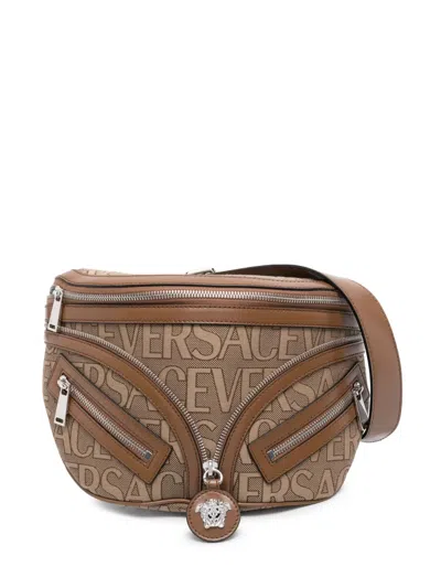 Versace Allover-print Belt Bag In Brown